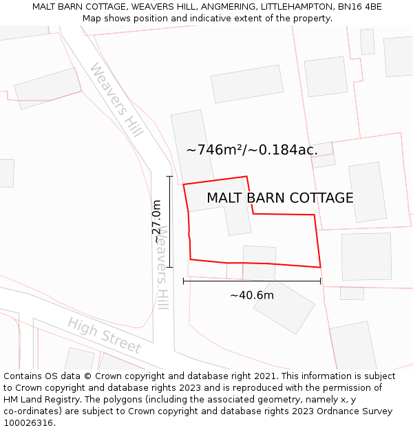 MALT BARN COTTAGE, WEAVERS HILL, ANGMERING, LITTLEHAMPTON, BN16 4BE: Plot and title map