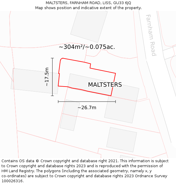 MALTSTERS, FARNHAM ROAD, LISS, GU33 6JQ: Plot and title map