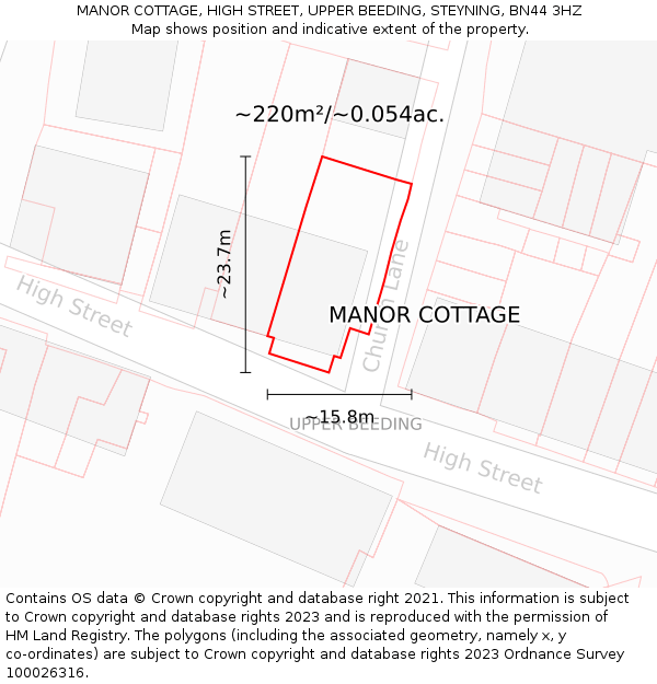 MANOR COTTAGE, HIGH STREET, UPPER BEEDING, STEYNING, BN44 3HZ: Plot and title map