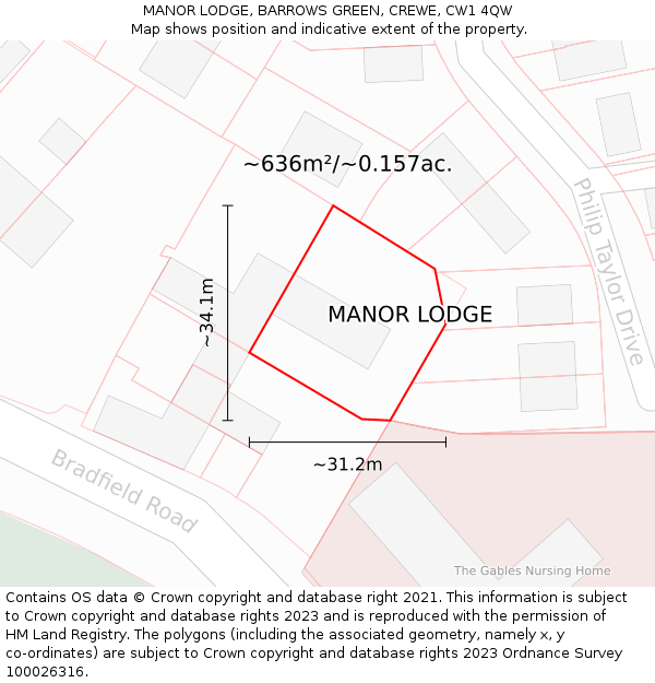 MANOR LODGE, BARROWS GREEN, CREWE, CW1 4QW: Plot and title map