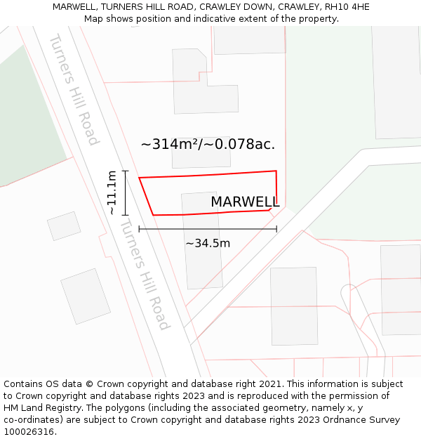 MARWELL, TURNERS HILL ROAD, CRAWLEY DOWN, CRAWLEY, RH10 4HE: Plot and title map