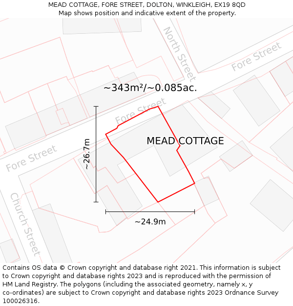 MEAD COTTAGE, FORE STREET, DOLTON, WINKLEIGH, EX19 8QD: Plot and title map