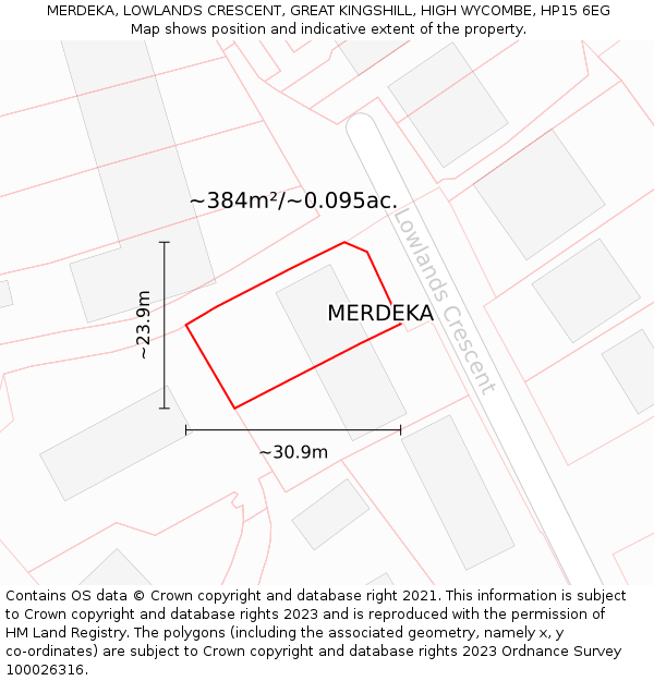 MERDEKA, LOWLANDS CRESCENT, GREAT KINGSHILL, HIGH WYCOMBE, HP15 6EG: Plot and title map