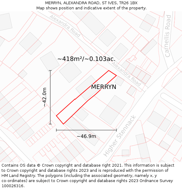 MERRYN, ALEXANDRA ROAD, ST IVES, TR26 1BX: Plot and title map