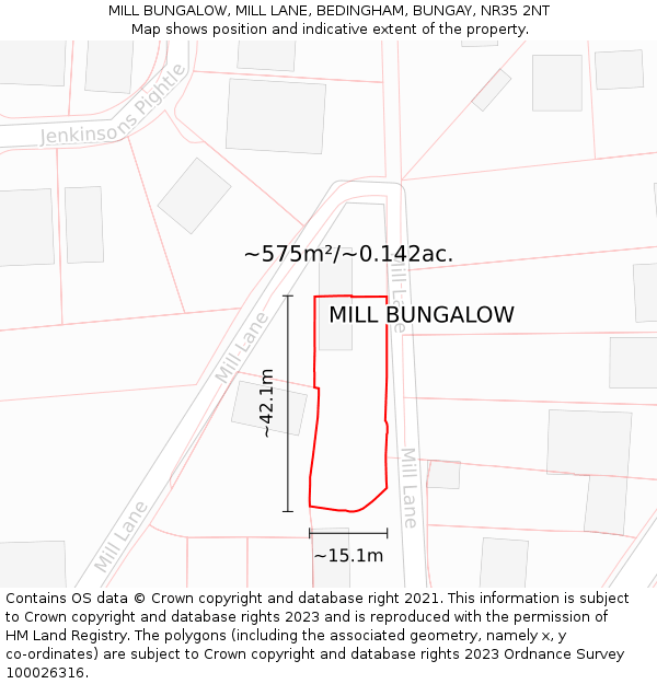 MILL BUNGALOW, MILL LANE, BEDINGHAM, BUNGAY, NR35 2NT: Plot and title map