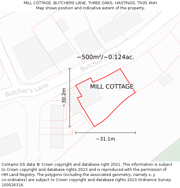 MILL COTTAGE, BUTCHERS LANE, THREE OAKS, HASTINGS, TN35 4NH: Plot and title map