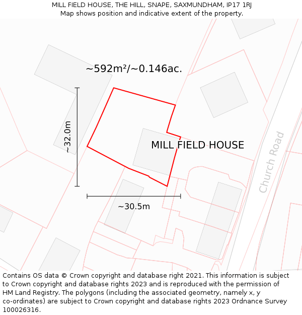 MILL FIELD HOUSE, THE HILL, SNAPE, SAXMUNDHAM, IP17 1RJ: Plot and title map