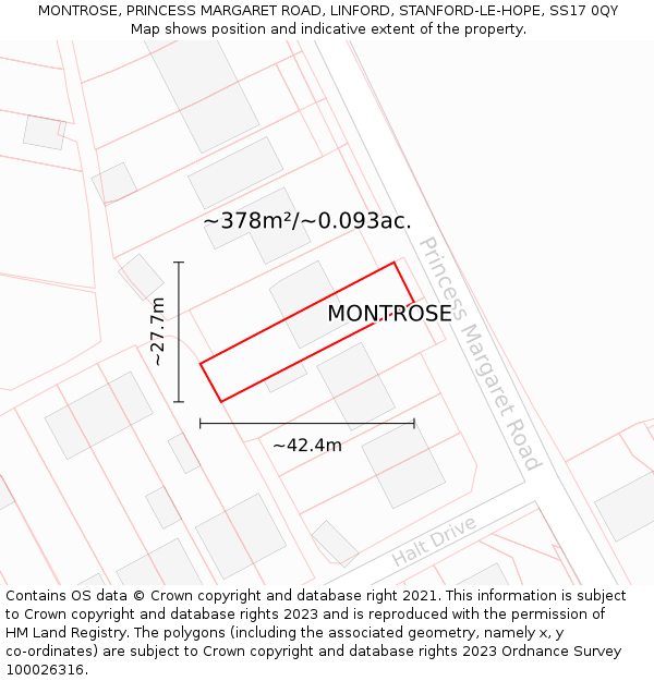 MONTROSE, PRINCESS MARGARET ROAD, LINFORD, STANFORD-LE-HOPE, SS17 0QY: Plot and title map