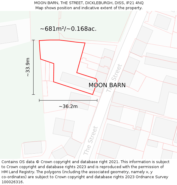 MOON BARN, THE STREET, DICKLEBURGH, DISS, IP21 4NQ: Plot and title map