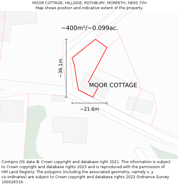 MOOR COTTAGE, HILLSIDE, ROTHBURY, MORPETH, NE65 7YH: Plot and title map