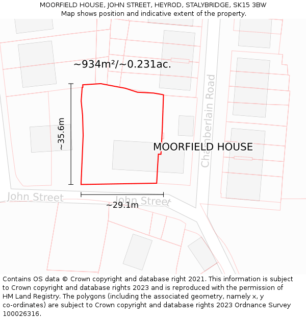 MOORFIELD HOUSE, JOHN STREET, HEYROD, STALYBRIDGE, SK15 3BW: Plot and title map