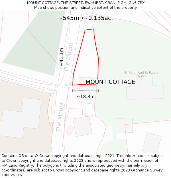 MOUNT COTTAGE, THE STREET, EWHURST, CRANLEIGH, GU6 7PX: Plot and title map