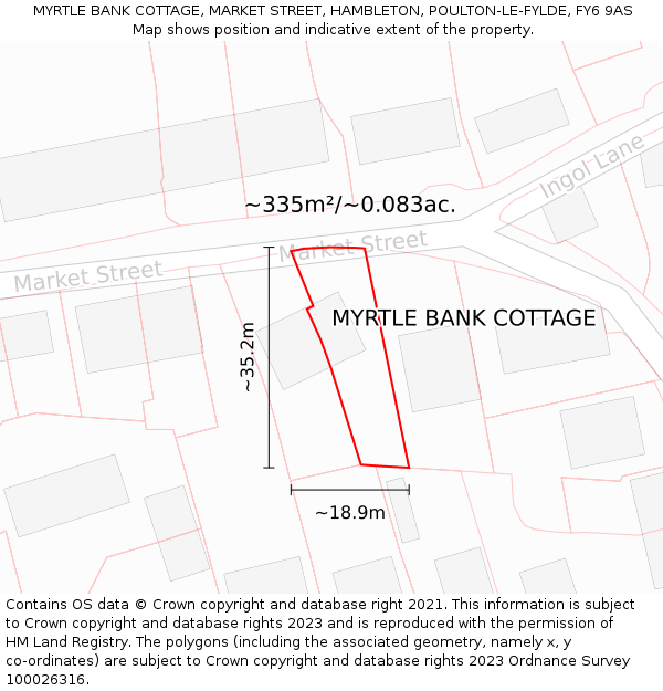 MYRTLE BANK COTTAGE, MARKET STREET, HAMBLETON, POULTON-LE-FYLDE, FY6 9AS: Plot and title map