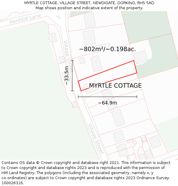 MYRTLE COTTAGE, VILLAGE STREET, NEWDIGATE, DORKING, RH5 5AD: Plot and title map