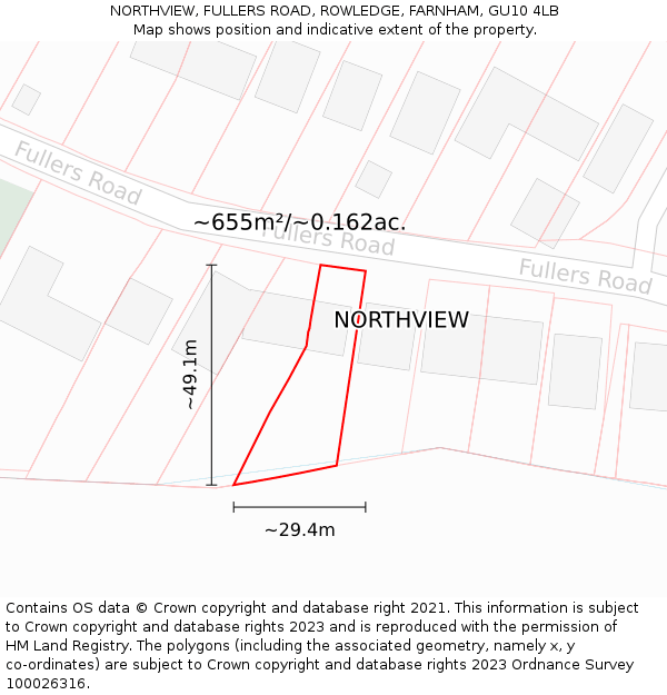 NORTHVIEW, FULLERS ROAD, ROWLEDGE, FARNHAM, GU10 4LB: Plot and title map