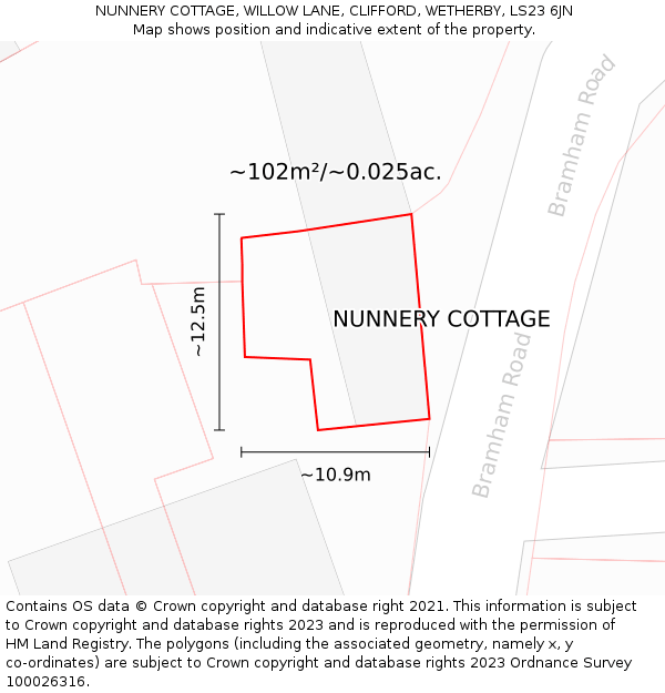 NUNNERY COTTAGE, WILLOW LANE, CLIFFORD, WETHERBY, LS23 6JN: Plot and title map