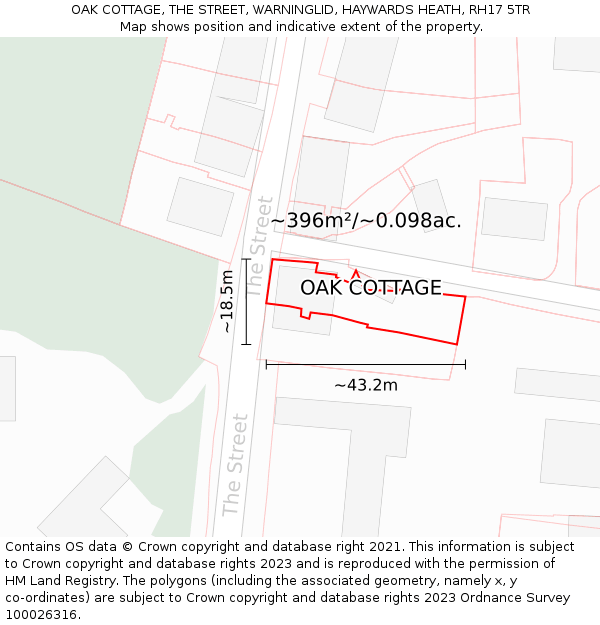 OAK COTTAGE, THE STREET, WARNINGLID, HAYWARDS HEATH, RH17 5TR: Plot and title map