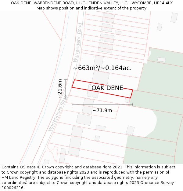 OAK DENE, WARRENDENE ROAD, HUGHENDEN VALLEY, HIGH WYCOMBE, HP14 4LX: Plot and title map