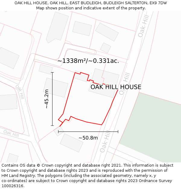 OAK HILL HOUSE, OAK HILL, EAST BUDLEIGH, BUDLEIGH SALTERTON, EX9 7DW: Plot and title map