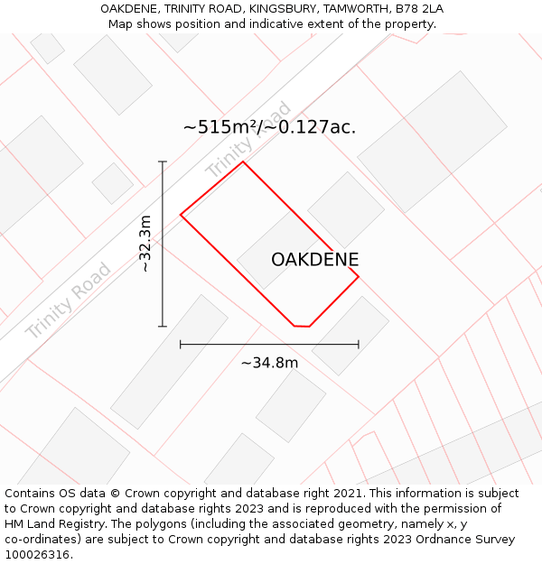 OAKDENE, TRINITY ROAD, KINGSBURY, TAMWORTH, B78 2LA: Plot and title map