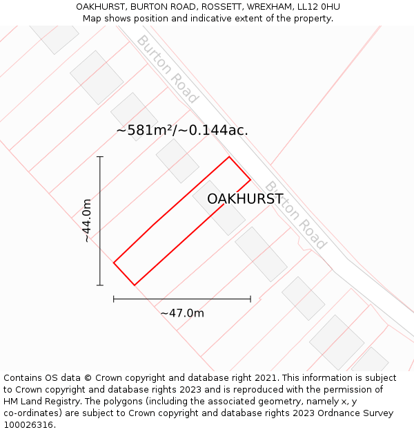 OAKHURST, BURTON ROAD, ROSSETT, WREXHAM, LL12 0HU: Plot and title map