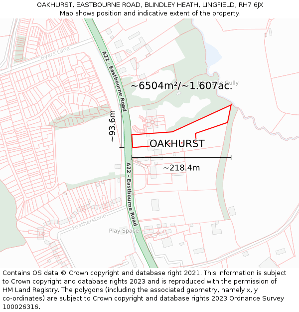 OAKHURST, EASTBOURNE ROAD, BLINDLEY HEATH, LINGFIELD, RH7 6JX: Plot and title map