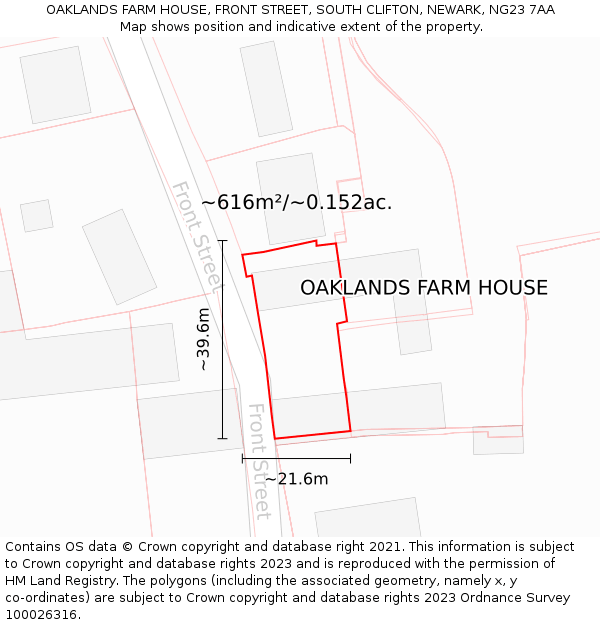 OAKLANDS FARM HOUSE, FRONT STREET, SOUTH CLIFTON, NEWARK, NG23 7AA: Plot and title map