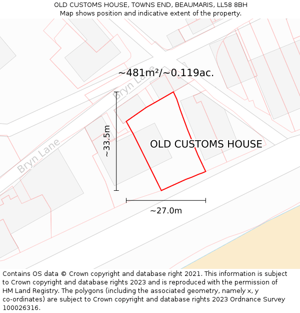 OLD CUSTOMS HOUSE, TOWNS END, BEAUMARIS, LL58 8BH: Plot and title map