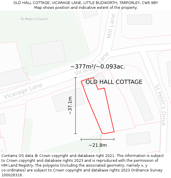 OLD HALL COTTAGE, VICARAGE LANE, LITTLE BUDWORTH, TARPORLEY, CW6 9BY: Plot and title map