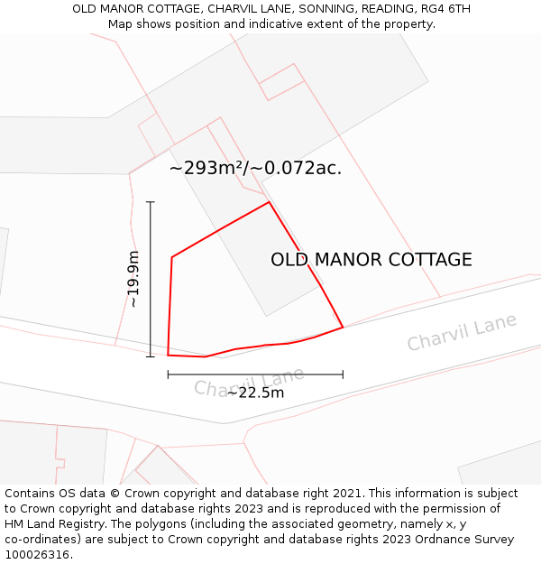 OLD MANOR COTTAGE, CHARVIL LANE, SONNING, READING, RG4 6TH: Plot and title map