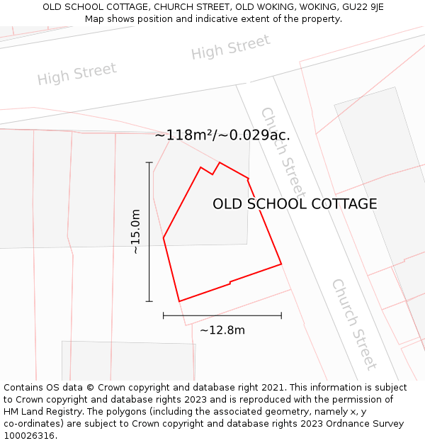 OLD SCHOOL COTTAGE, CHURCH STREET, OLD WOKING, WOKING, GU22 9JE: Plot and title map