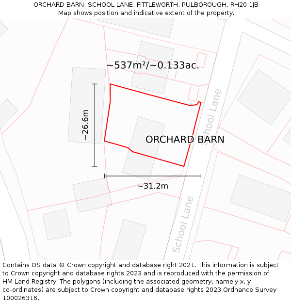 ORCHARD BARN, SCHOOL LANE, FITTLEWORTH, PULBOROUGH, RH20 1JB: Plot and title map