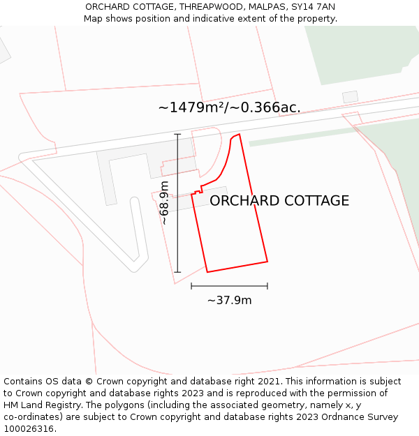 ORCHARD COTTAGE, THREAPWOOD, MALPAS, SY14 7AN: Plot and title map