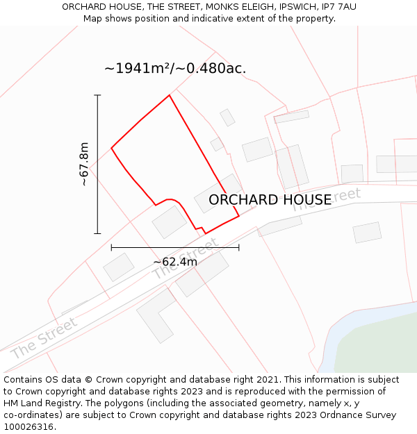 ORCHARD HOUSE, THE STREET, MONKS ELEIGH, IPSWICH, IP7 7AU: Plot and title map