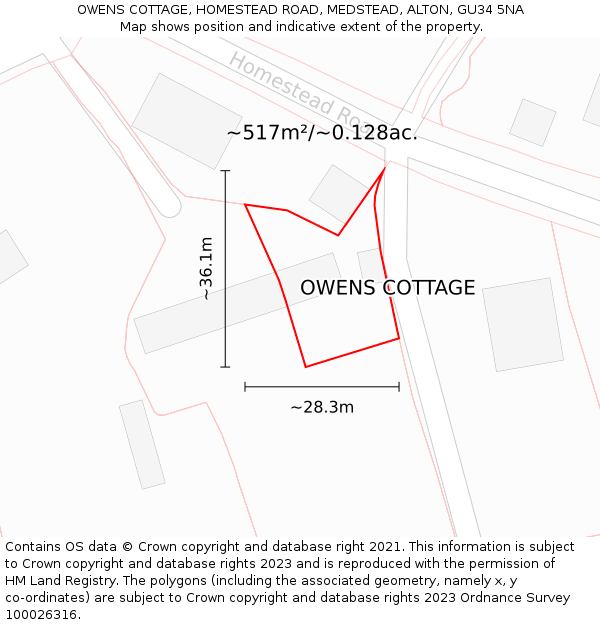 OWENS COTTAGE, HOMESTEAD ROAD, MEDSTEAD, ALTON, GU34 5NA: Plot and title map