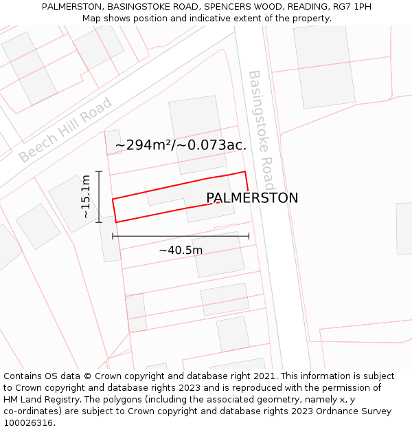 PALMERSTON, BASINGSTOKE ROAD, SPENCERS WOOD, READING, RG7 1PH: Plot and title map