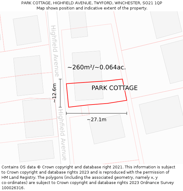 PARK COTTAGE, HIGHFIELD AVENUE, TWYFORD, WINCHESTER, SO21 1QP: Plot and title map