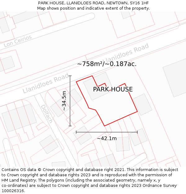 PARK HOUSE, LLANIDLOES ROAD, NEWTOWN, SY16 1HF: Plot and title map