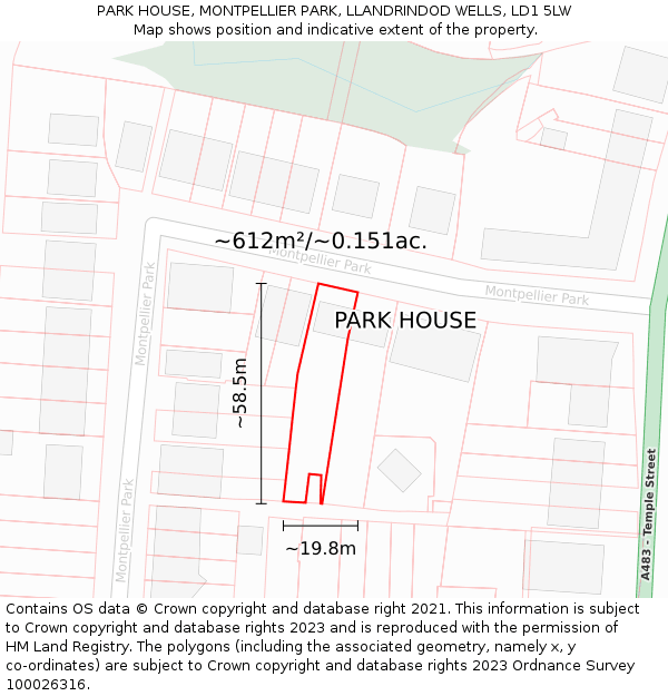 PARK HOUSE, MONTPELLIER PARK, LLANDRINDOD WELLS, LD1 5LW: Plot and title map