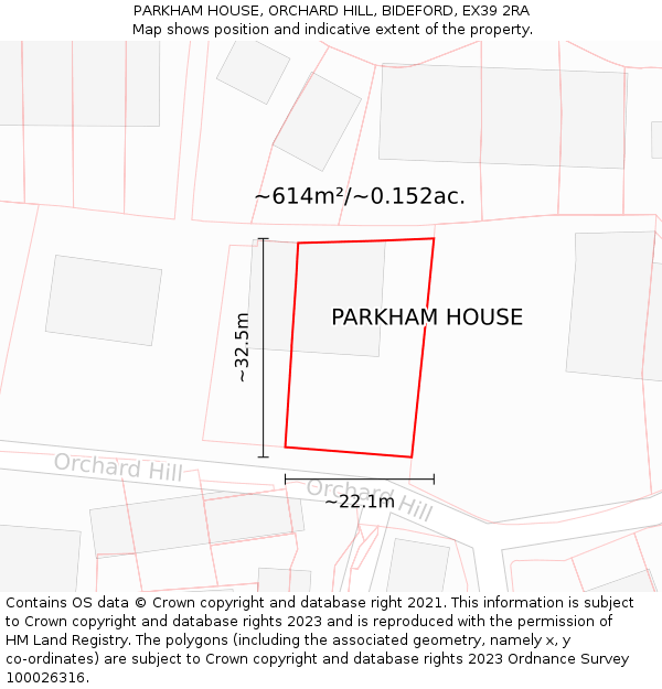 PARKHAM HOUSE, ORCHARD HILL, BIDEFORD, EX39 2RA: Plot and title map