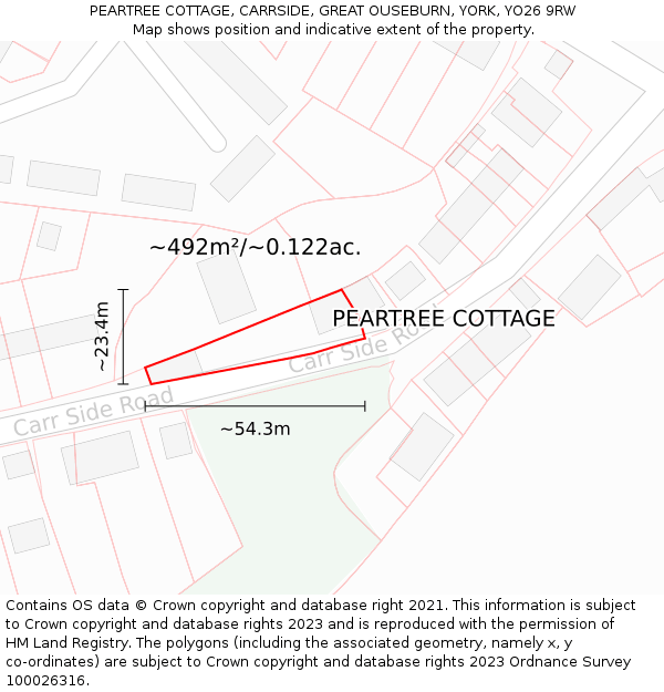 PEARTREE COTTAGE, CARRSIDE, GREAT OUSEBURN, YORK, YO26 9RW: Plot and title map