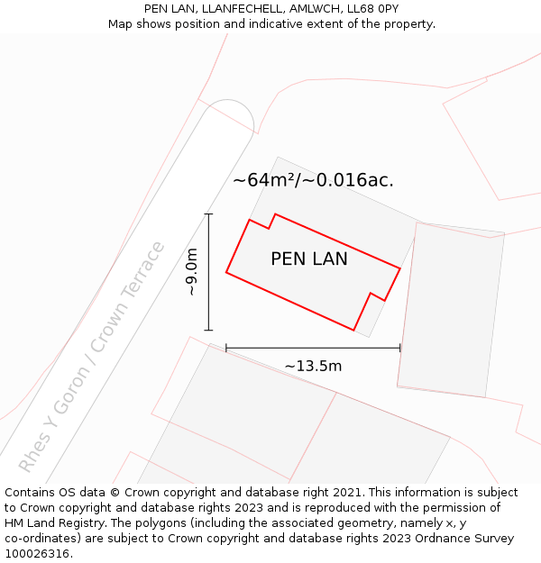 PEN LAN, LLANFECHELL, AMLWCH, LL68 0PY: Plot and title map
