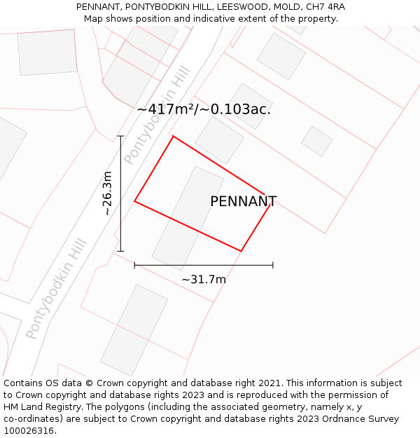 PENNANT, PONTYBODKIN HILL, LEESWOOD, MOLD, CH7 4RA: Plot and title map