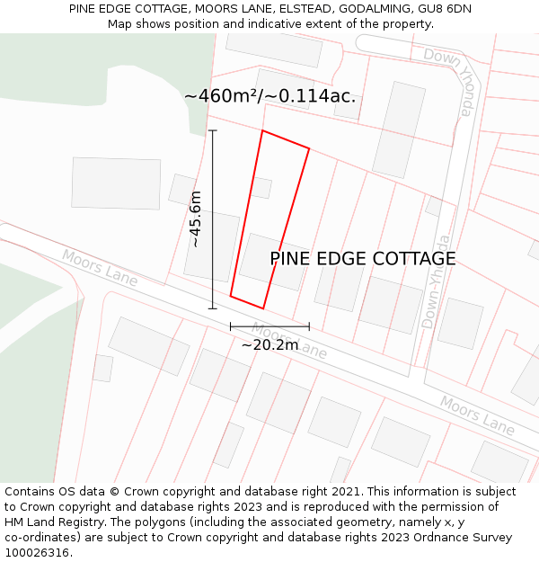 PINE EDGE COTTAGE, MOORS LANE, ELSTEAD, GODALMING, GU8 6DN: Plot and title map