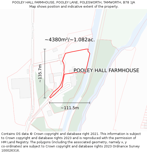 POOLEY HALL FARMHOUSE, POOLEY LANE, POLESWORTH, TAMWORTH, B78 1JA: Plot and title map