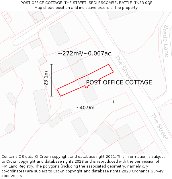 POST OFFICE COTTAGE, THE STREET, SEDLESCOMBE, BATTLE, TN33 0QF: Plot and title map