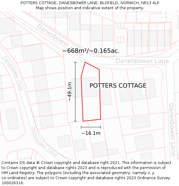 POTTERS COTTAGE, DANESBOWER LANE, BLOFIELD, NORWICH, NR13 4LP: Plot and title map