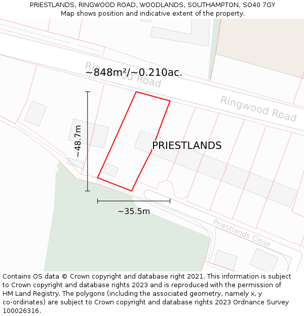 PRIESTLANDS, RINGWOOD ROAD, WOODLANDS, SOUTHAMPTON, SO40 7GY: Plot and title map