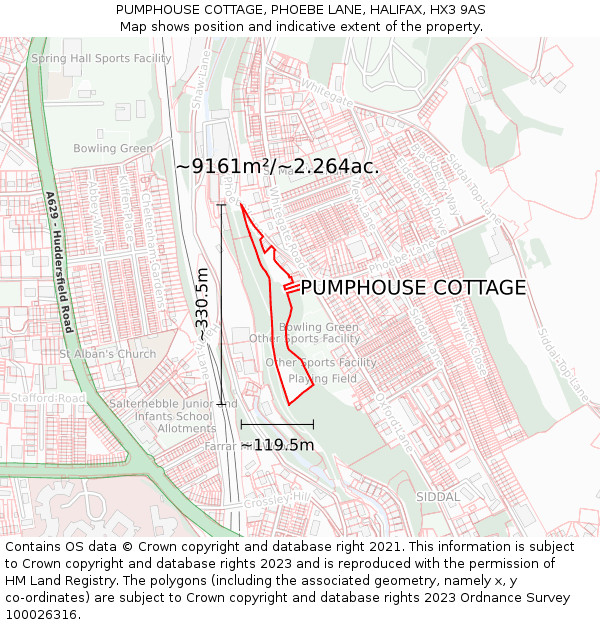 PUMPHOUSE COTTAGE, PHOEBE LANE, HALIFAX, HX3 9AS: Plot and title map