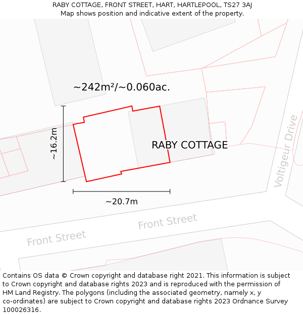 RABY COTTAGE, FRONT STREET, HART, HARTLEPOOL, TS27 3AJ: Plot and title map